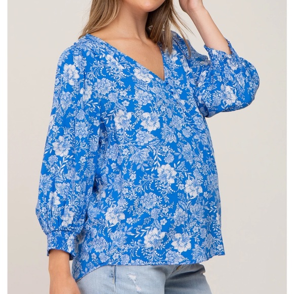 Pinkblush Blue Floral Paisley Button Front 3/4 Sleeve Maternity Top - Picture 2 of 13